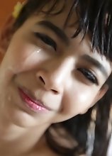 Small tittied and petite Ladyboy gets huge facial from white tourist